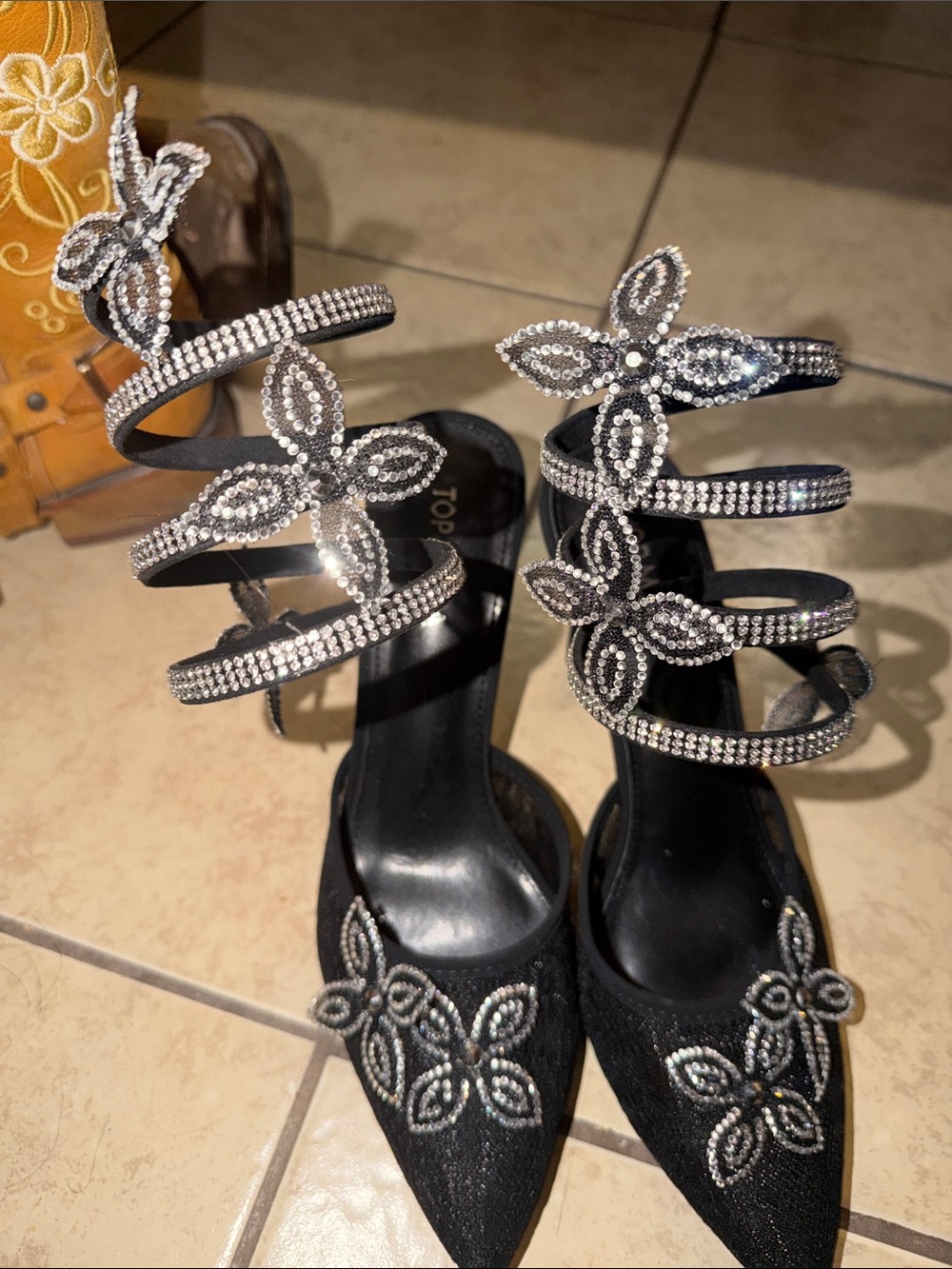 Black Rhinestone Floral Strappy Women's Heels